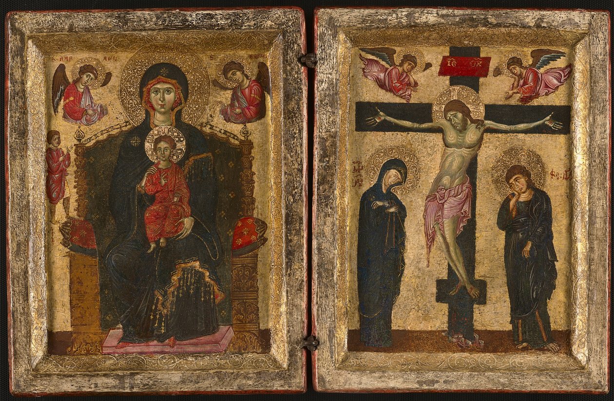 Dyptyk z Matką Boską z Dzieciątkiem na tronie i Ukrzyżowaniem, 1275-80 autorstwa Levantine School