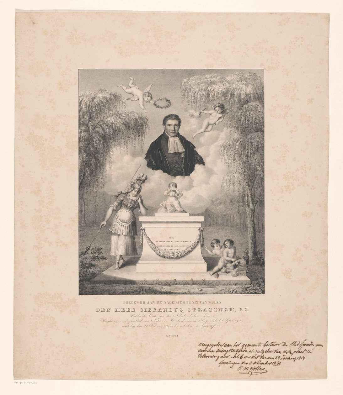Portret Sibrandusa Stratingha Poświęcony pamięci zmarłego pana Sibrandusa Stratingha, E.Z. (tytuł na obiekcie) autorstwa Levi Michiel Bendix