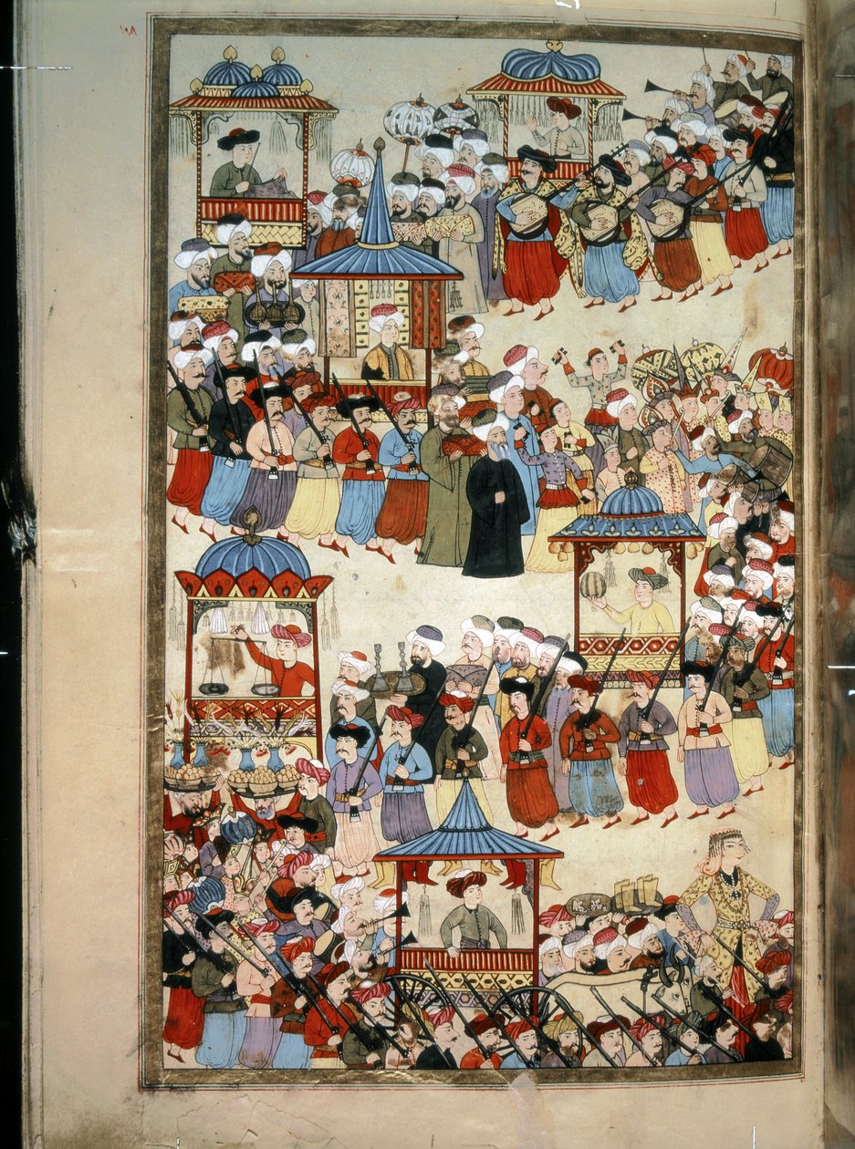OTTOMAN EMPIRE: "Parada gildii muzyków, tancerzy, krawców, wytwórców stoisk itp.... autorstwa Levni Levni