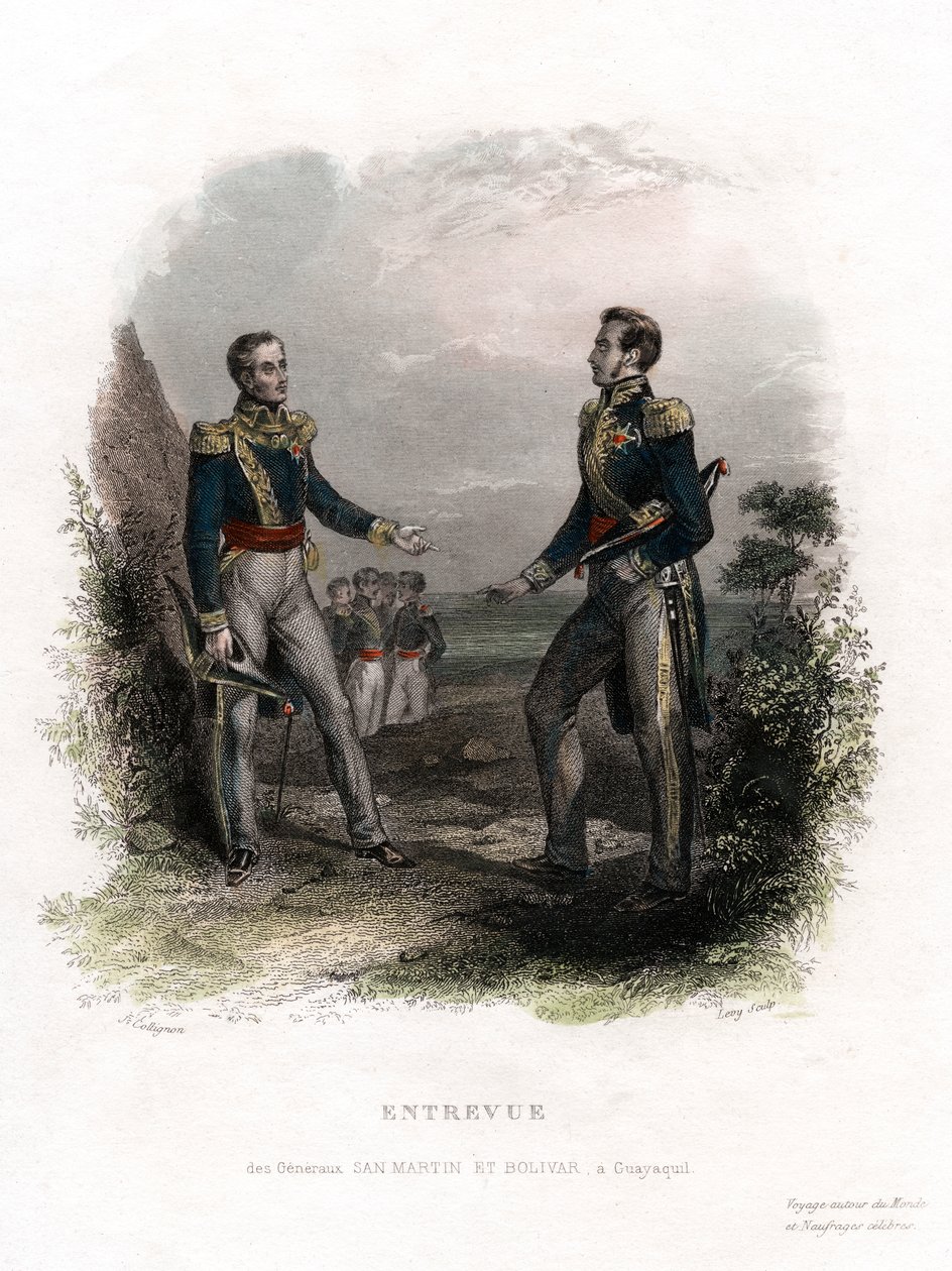 Spotkanie generałów San Martin i Bolivar, Guayaquil, Ekwador, 1822, XIX wiek. autorstwa Levy