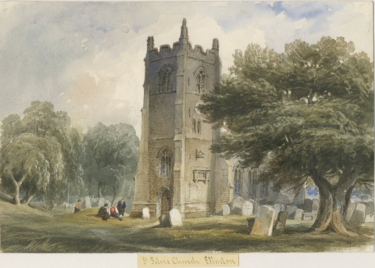 Kościół Ellastone: malarstwo akwarela i [ok. 1830-1840] autorstwa Lewis John Wood