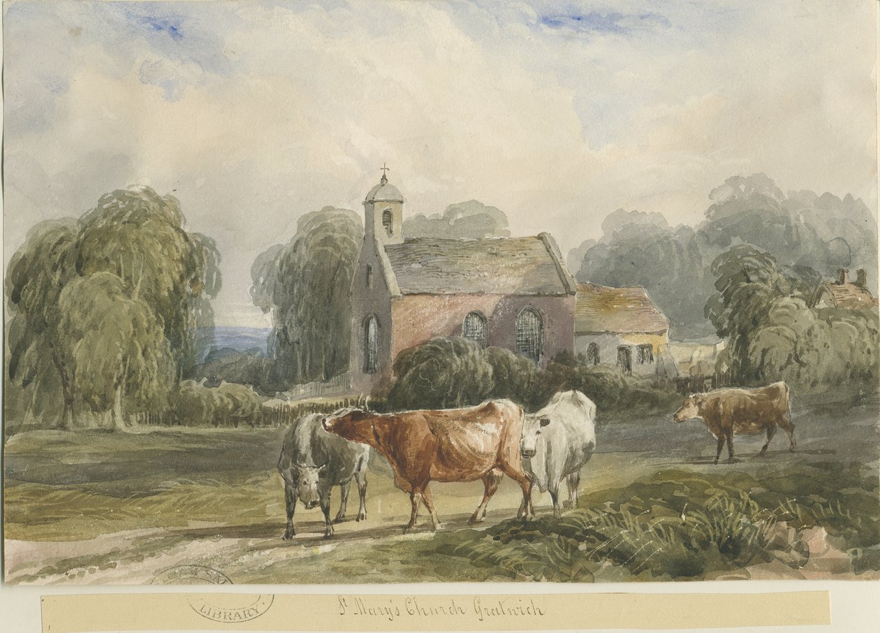 Kościół Gratwich: malarstwo akwarelowe i [ok. 1830-1840] autorstwa Lewis John Wood