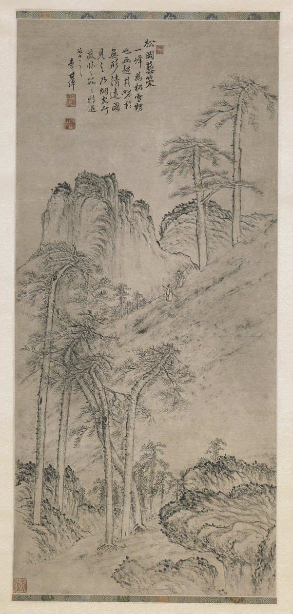 Chodzenie z laskami po sosnowym wzgórzu, dynastia Qing, ok. 1760 (atrament na papierze) autorstwa Li Shizuo