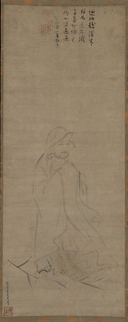 Bodhidharma przekraczający rzekę Jangzi na trzcinie, przed 1317 r. autorstwa Li Yaofu