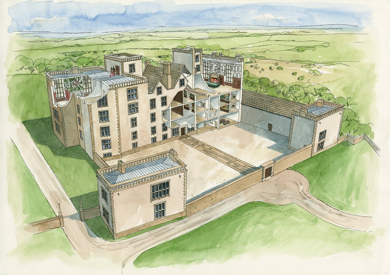 Rekonstrukcja Hardwick Old Hall w 1620 roku (akwarela na papierze) autorstwa Liam Wales
