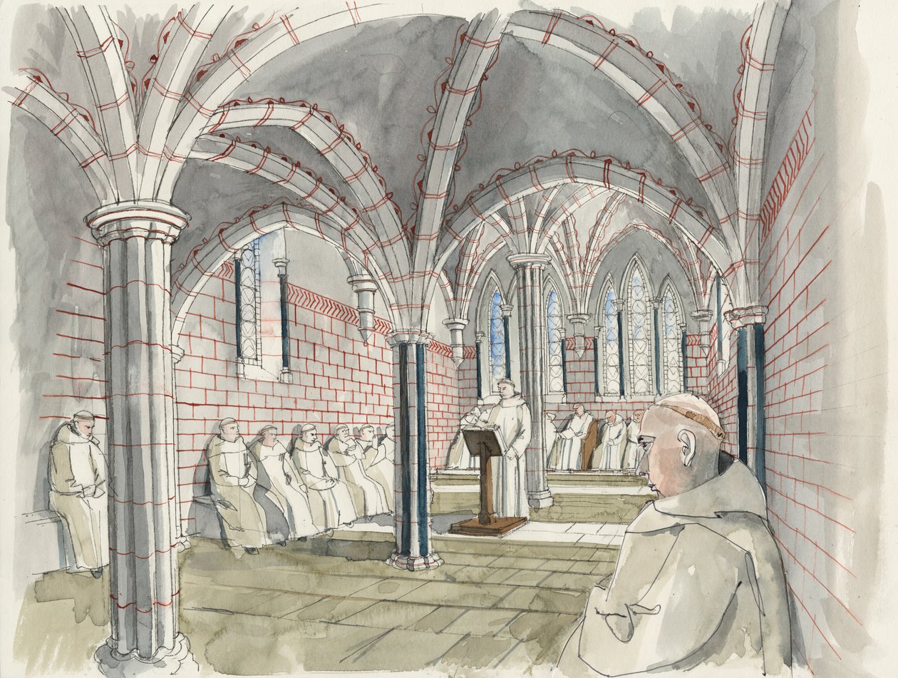Rekonstrukcja kapitularza w opactwie Shap ok. 1530 r. (akwarela na papierze) autorstwa Liam Wales