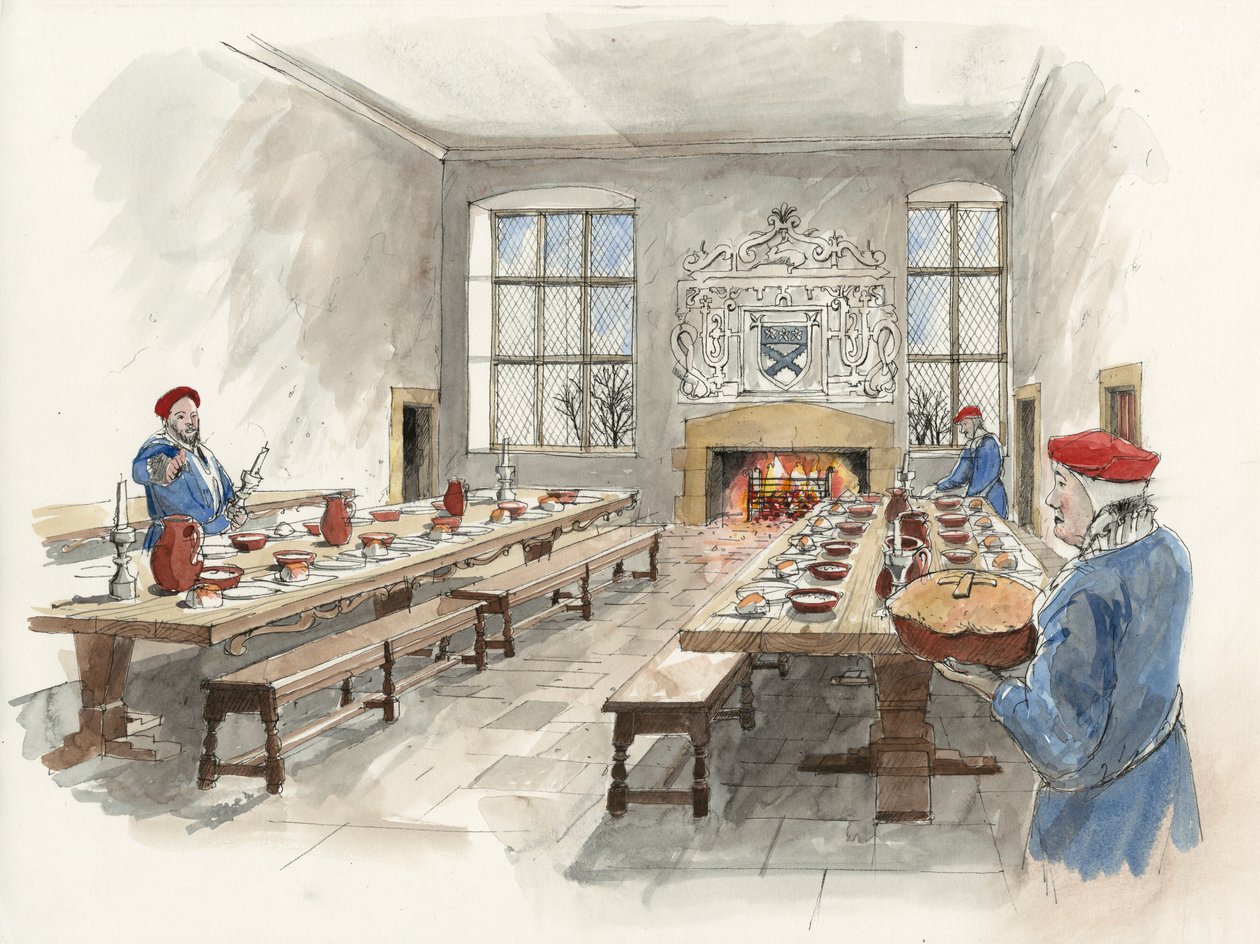 Rekonstrukcja Wielkiej Sali w Hardwick Old Hall w 1601 roku (akwarela na papierze) autorstwa Liam Wales