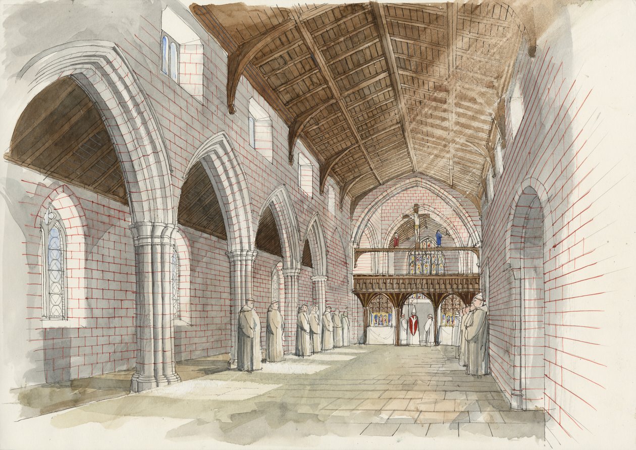 Rekonstrukcja nawy kościoła opactwa w Shap Abbey ok. 1530 r. (akwarela na papierze) autorstwa Liam Wales