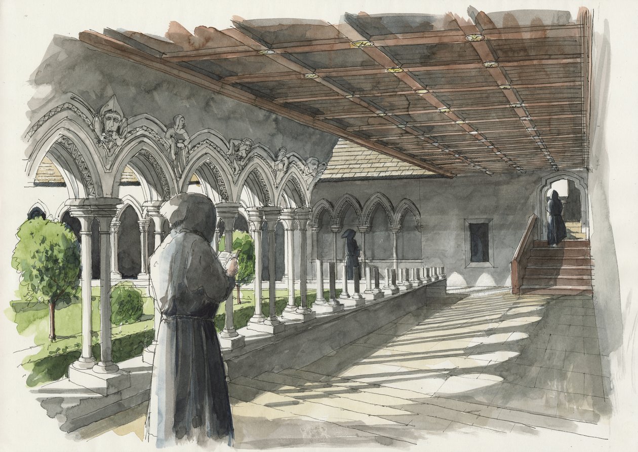 Rekonstrukcja klasztoru w Lanercost Priory (akwarela na papierze) autorstwa Liam Wales