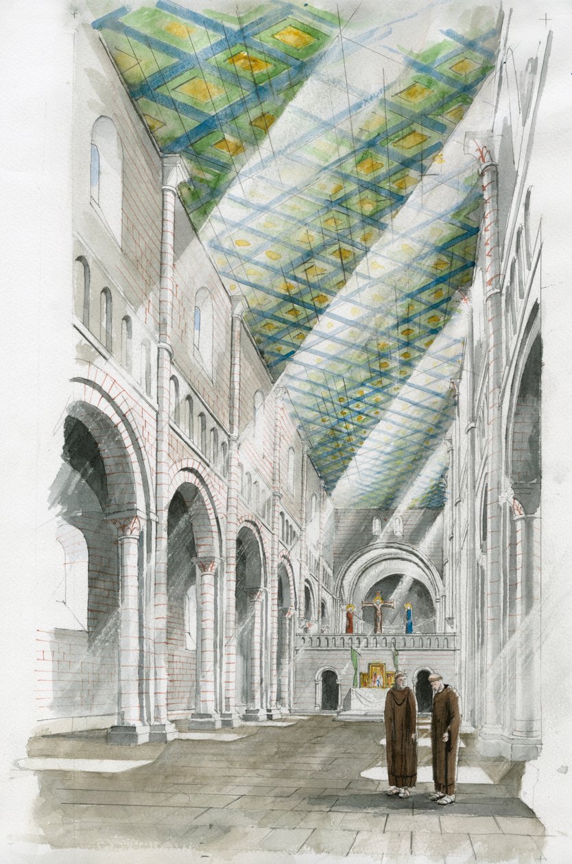 Rekonstrukcja wnętrza kościoła Old Sarum (akwarela na papierze) autorstwa Liam Wales