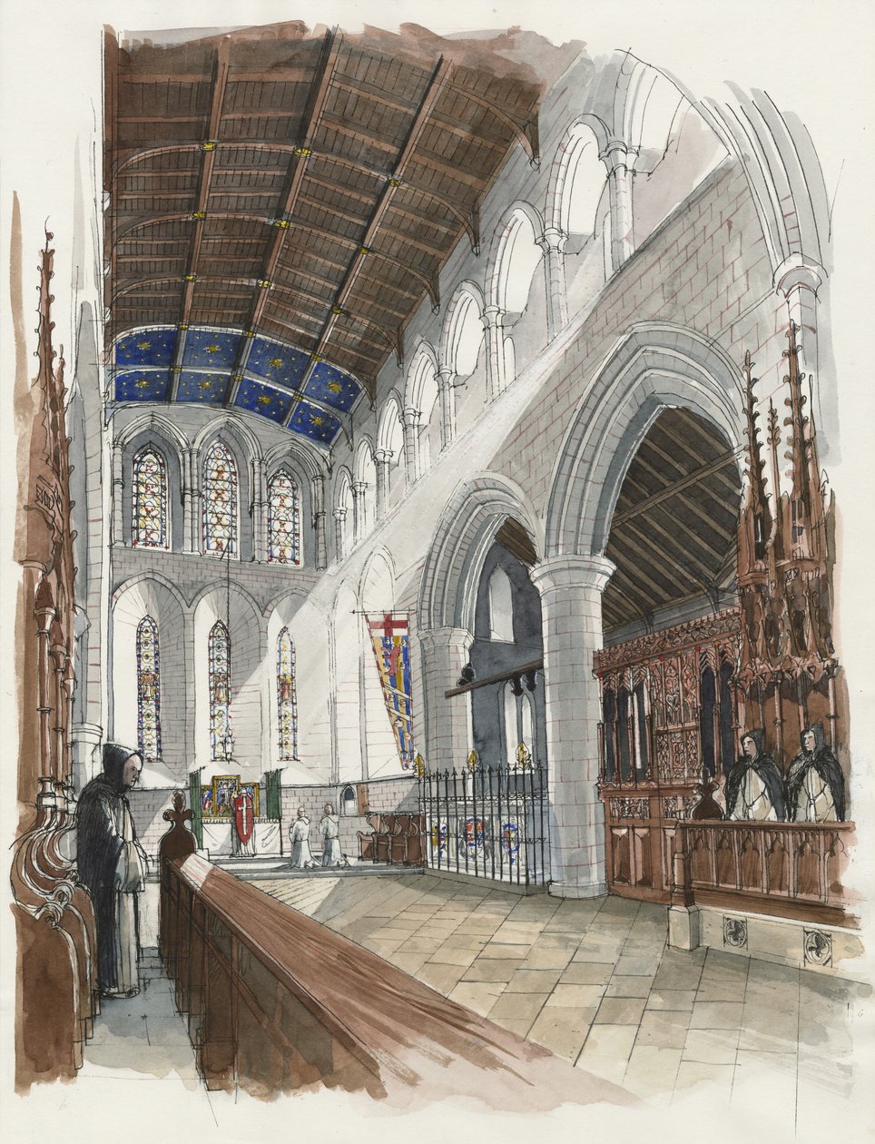 Rekonstrukcja prezbiterium w klasztorze Lanercost (akwarela na papierze) autorstwa Liam Wales