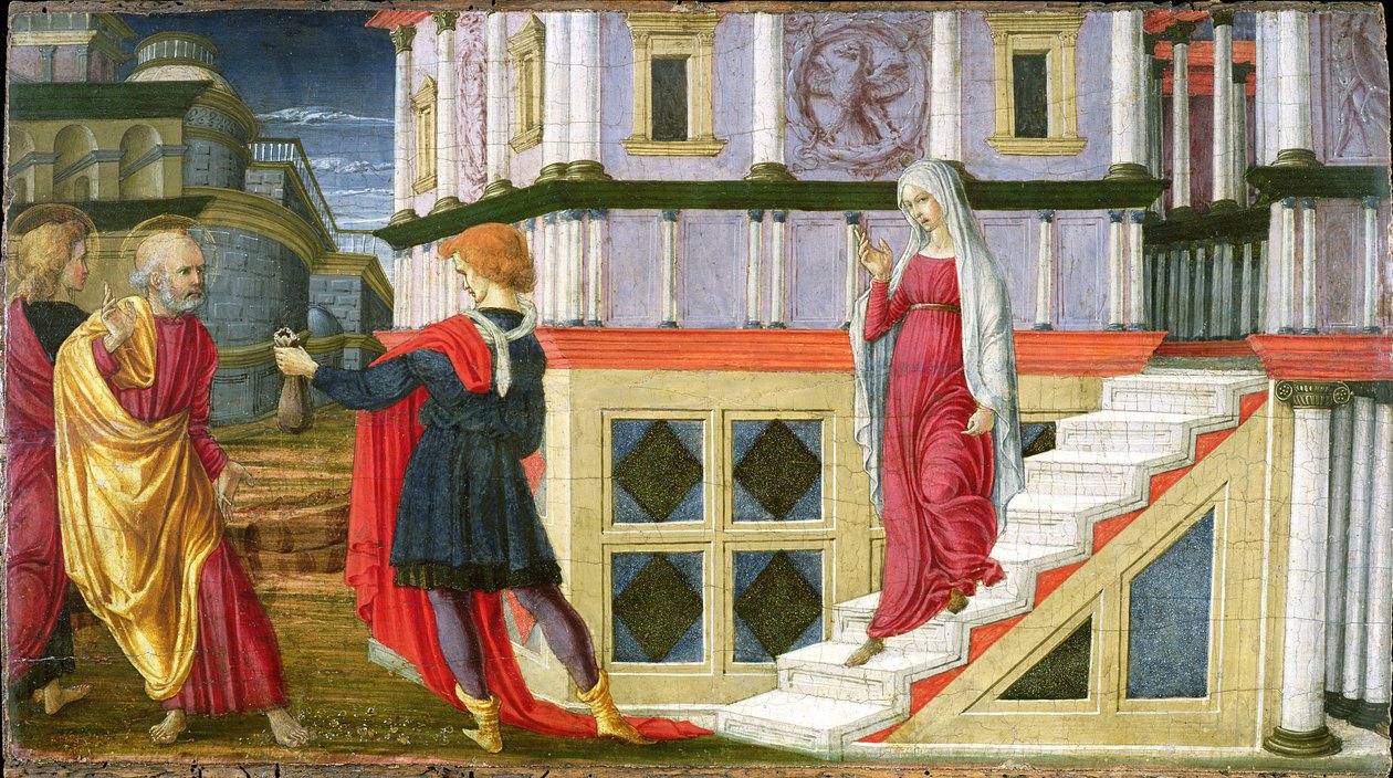 Simonas Magas Siūlo Šv. Petro pinigus, 1470-75 (tempera ant skydelio)poli autorstwa Liberale da Verona