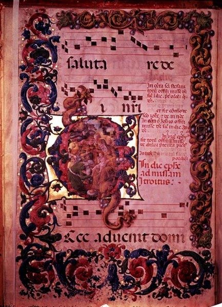 Strona z nutami z historycznym inicjałem G przedstawiającym Pokłon Trzech Króli, z antyfonału, c.1473-79 autorstwa Liberale da Verona