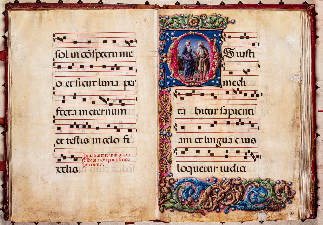 Biblioteka Piccolomini: księga chóralna, dorsz. 17.2, nn. 30v-31r z „Dwóch Świętych Pustelników”, Liberale da Verona (ok. 1445-1527/9). autorstwa Liberale da Verona