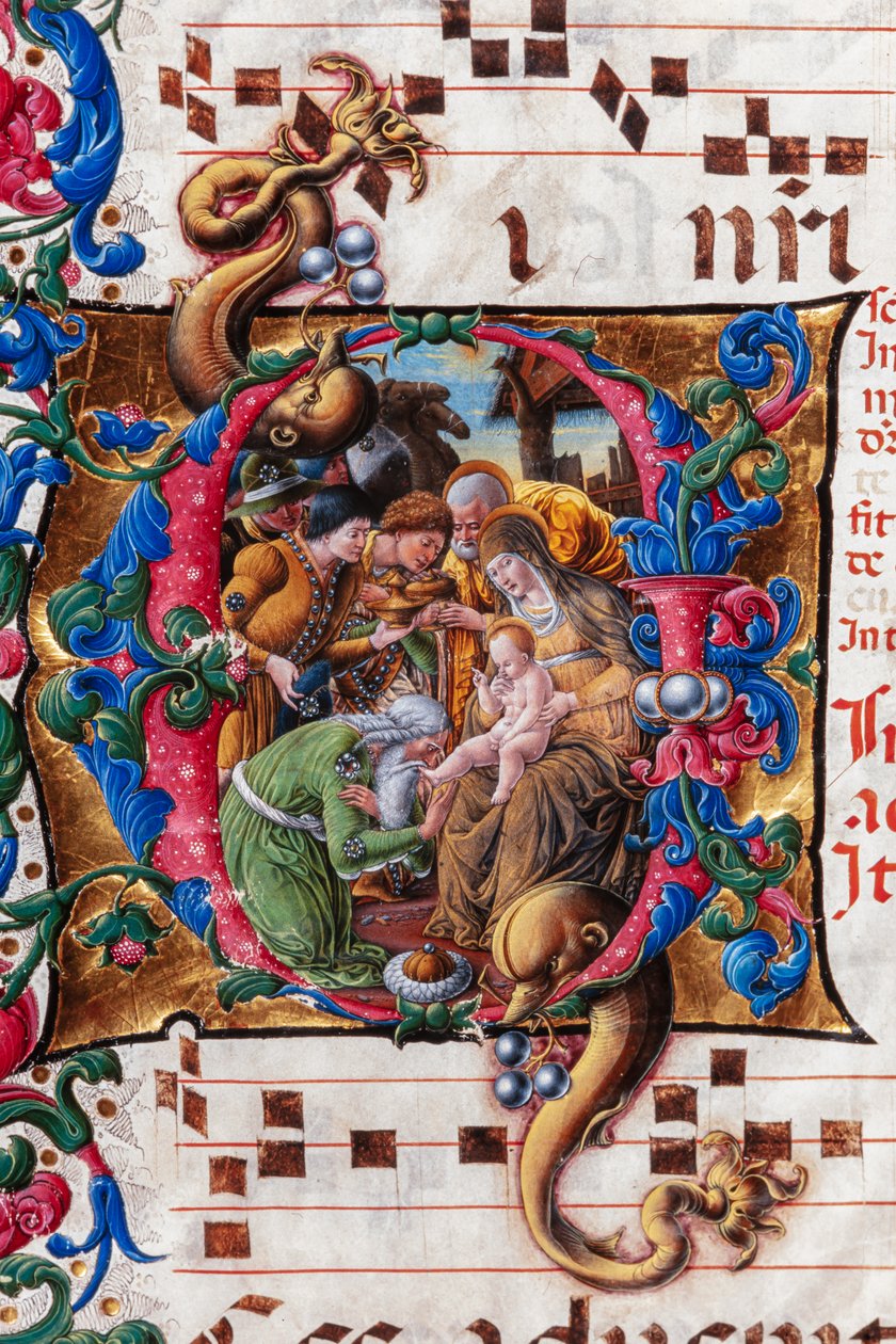 Biblioteka Piccolomini: księga chóralna, dorsz. 19,4 i nast. 9v z „Adoracją Trzech Króli” Liberale da Verona (ok. 1445-1527/9). Szczegół. autorstwa Liberale da Verona