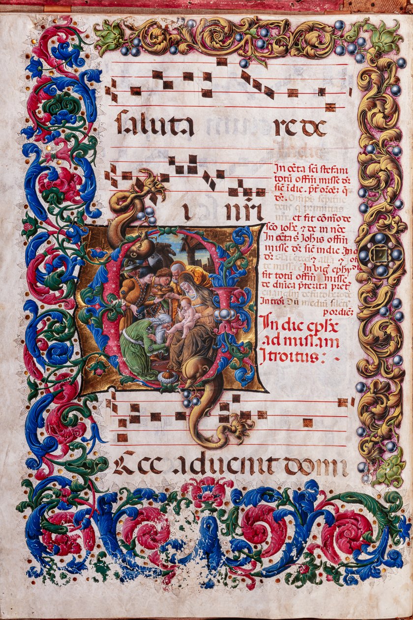 Biblioteka Piccolomini: księga chóralna, dorsz. 19,4 i nast. 9v z „Adoracją Trzech Króli” Liberale da Verona (ok. 1445-1527/9). autorstwa Liberale da Verona
