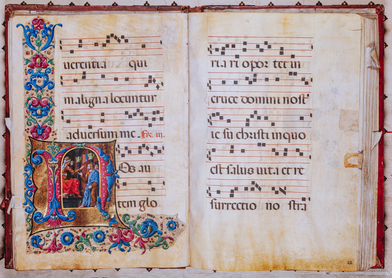 Biblioteka Piccolomini: księga chóralna, dorsz. 22.7, nn. 22v-23r z „Chrystusem przed Piłatem”, Liberale da Verona (ok. 1445-1527/9). autorstwa Liberale da Verona