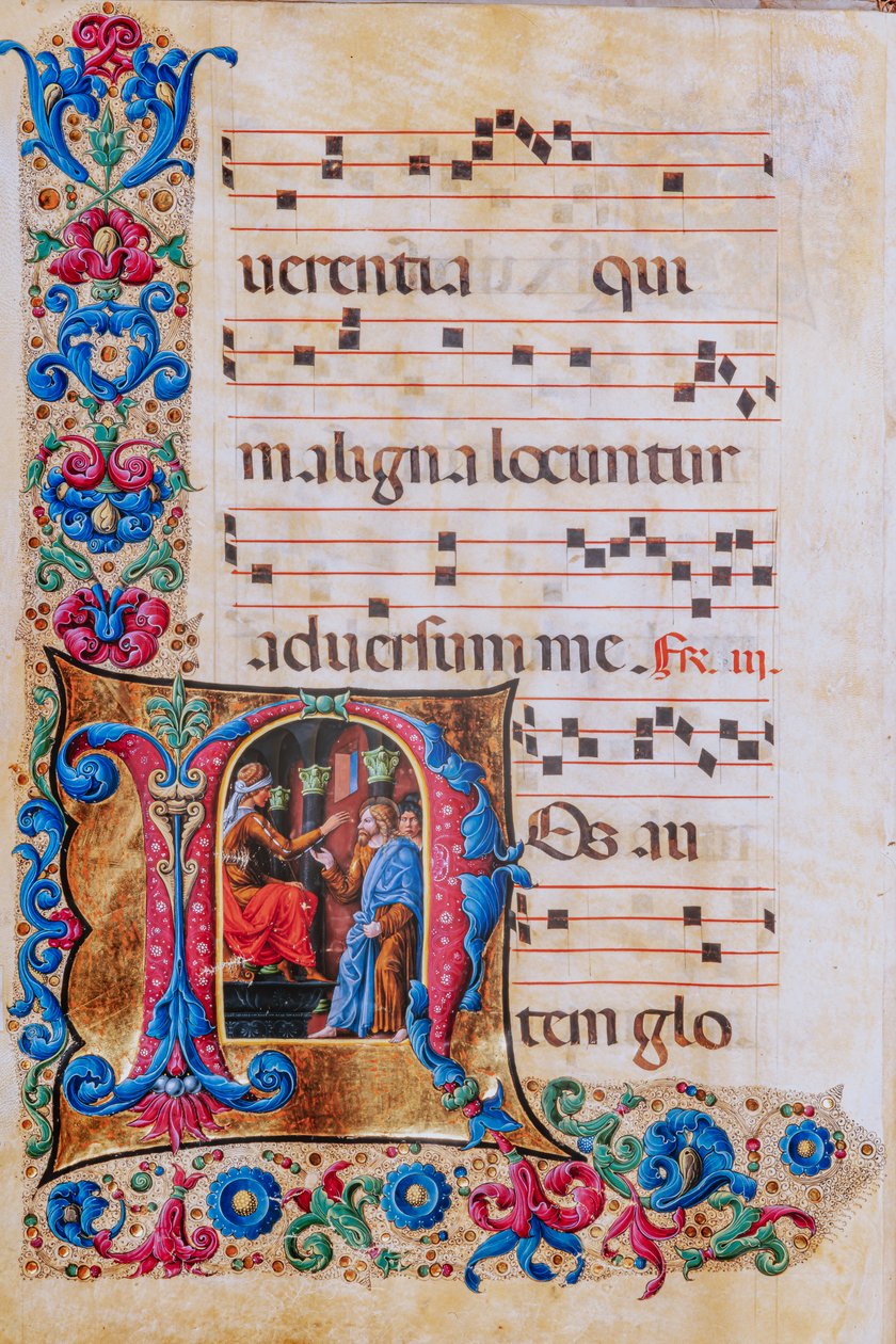 Biblioteka Piccolomini: księga chóralna, dorsz. 22.7, nn. 22v z „Chrystusem przed Piłatem”, autorstwa Liberale da Verona (ok. 1445-1527/9). autorstwa Liberale da Verona