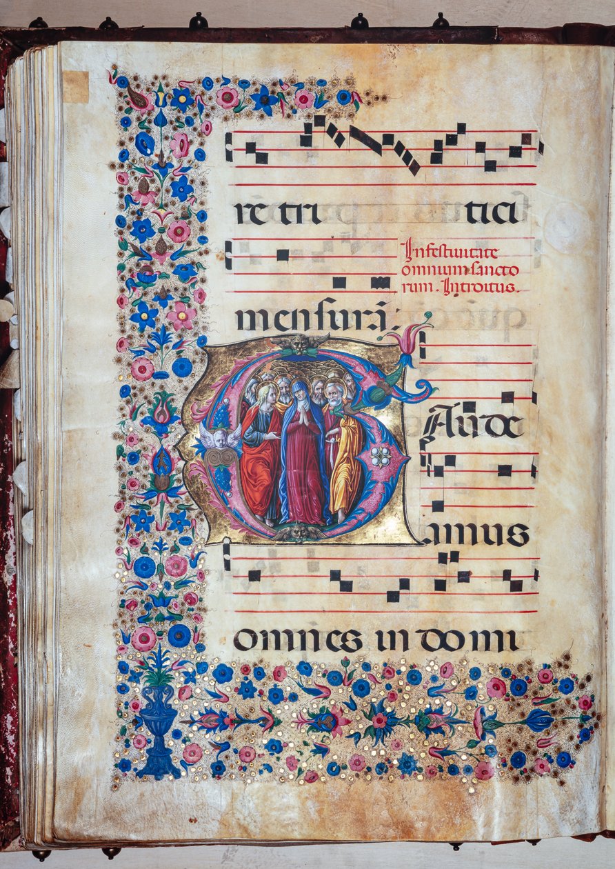 Biblioteka Piccolomini: księga chóralna, dorsz. 28.12, n. 94v z „Dziewicą i wszystkimi świętymi” Francesco Rosselli i Liberale da Verona (ok. 1445-1527/9). autorstwa Liberale da Verona