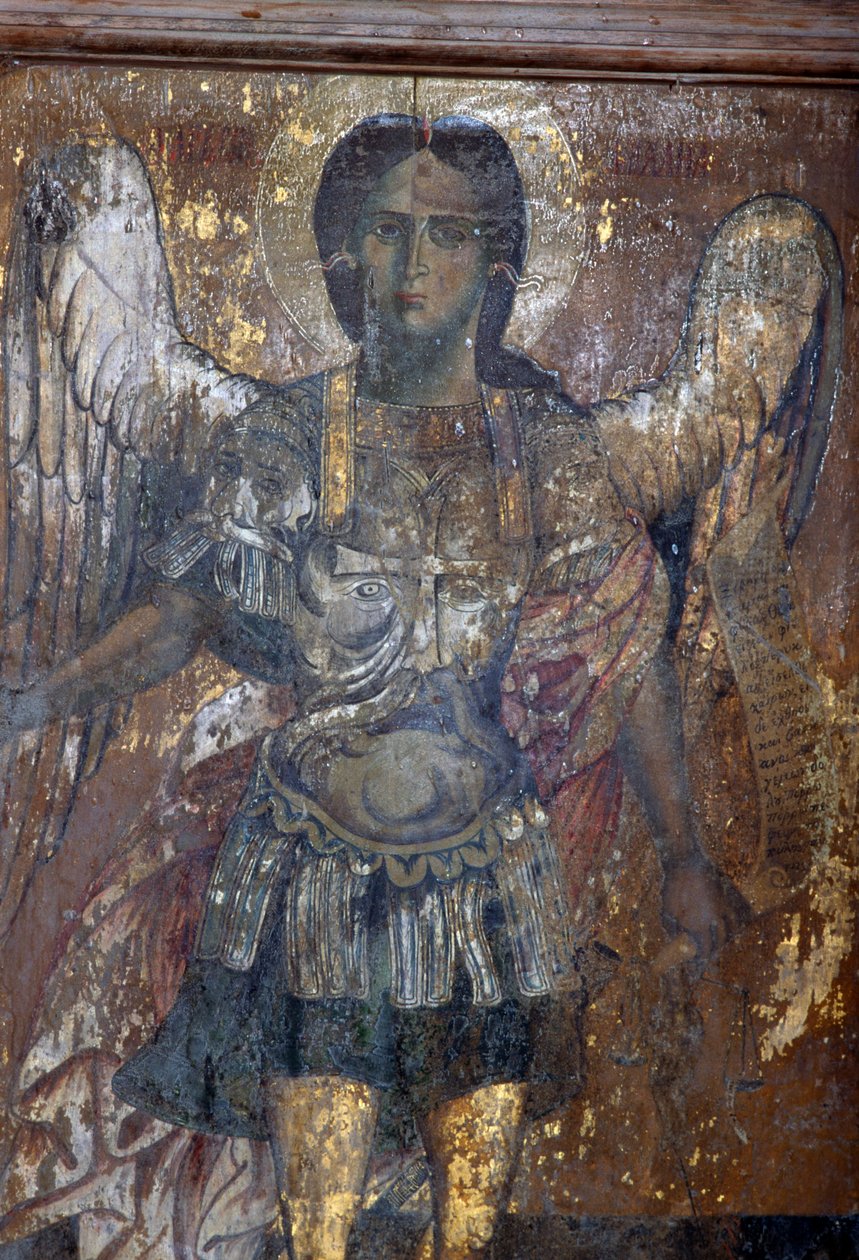 Anioł, fresk w bizantyjskim kościele Sotiras Christos, Vlithias, Kreta, Grecja (zdjęcie) autorstwa Unbekannt Unbekannt
