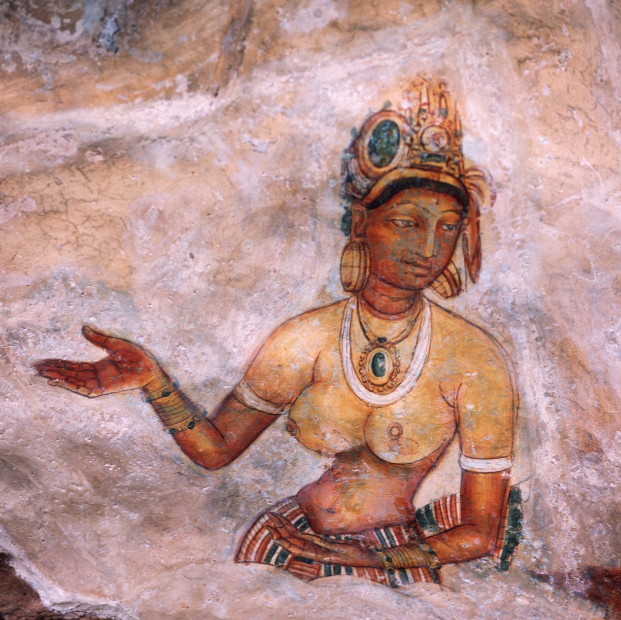 Apsaras, niebiańska nimfa składająca ofiarę, fresk, ufortyfikowana cytadela Sigiriya (Lista Światowego Dziedzictwa UNESCO autorstwa Unbekannt Unbekannt