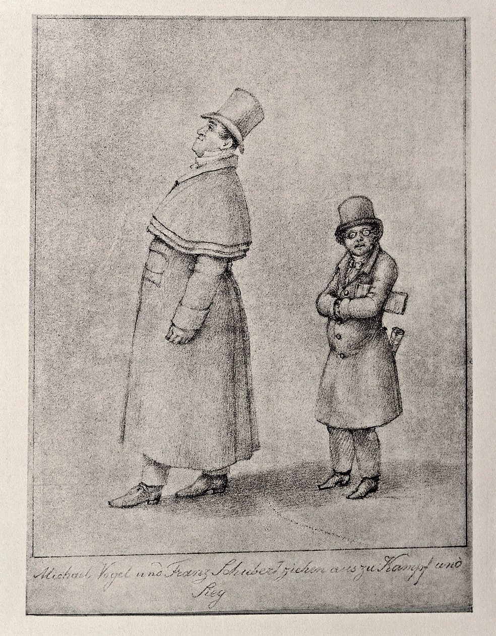 Austria, Wiedeń, Karykatura austriackiego śpiewaka barytonowego Johanna Michaela Vogla i kompozytora Franza Petera Schuberta, ok. 1825, rysunek ołówkiem autorstwa Unbekannt Unbekannt