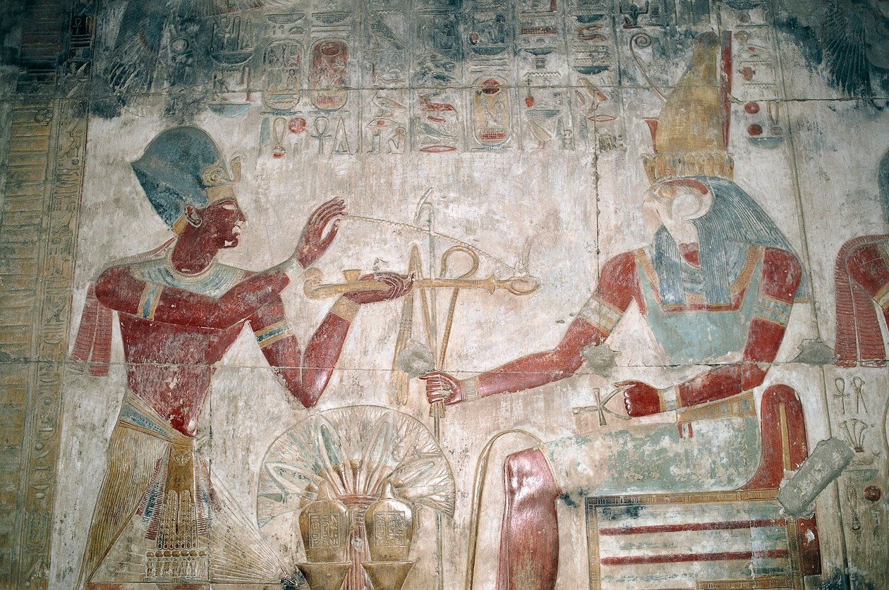 Egipt, Abydos, świątynia faraona Seti I, kaplica Ozyrysa. Detal, malowana płaskorzeźba, Nowe Państwo, XIX dynastia autorstwa Unbekannt Unbekannt