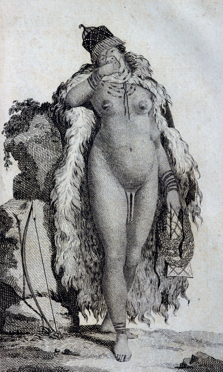 Etniczna kobieta Khoikhoi (Hotentoci), z Podróży Le Vaillant w głąb Afryki przez Przylądek Dobrej Nadziei, w latach 1783 autorstwa Unbekannt Unbekannt