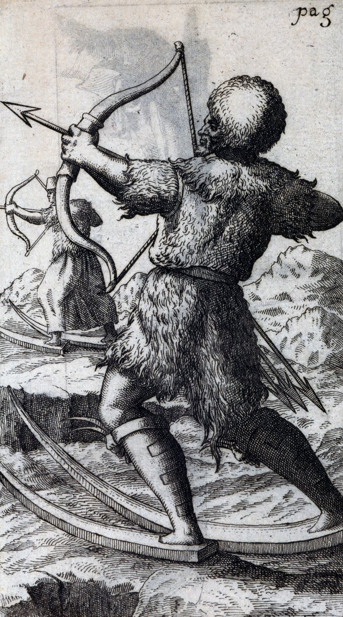 Myśliwy z łukiem i strzałą na krótkich nartach, ilustracja z De Calceo Antiquo, autorstwa B Balduinus autorstwa Unbekannt Unbekannt