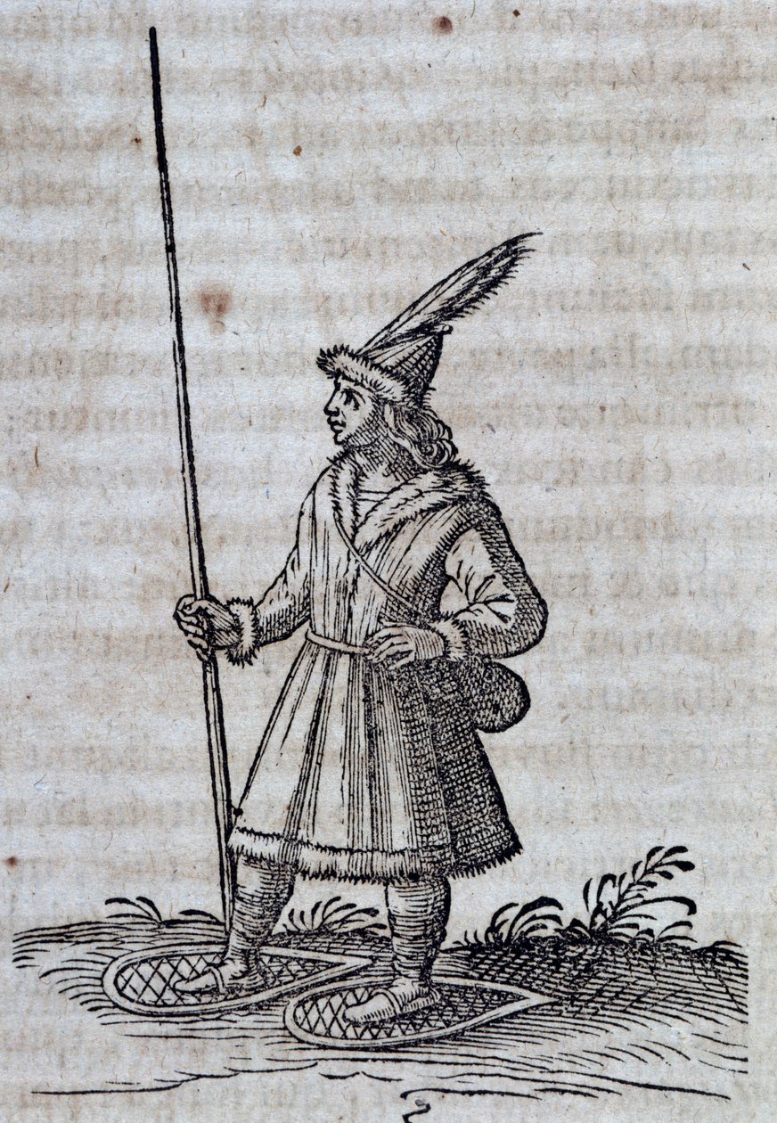 Mieszkaniec Kanady (Francja Canadienne) z rakietami śnieżnymi, ilustracja z Description de la Nouvelle France autorstwa Unbekannt Unbekannt