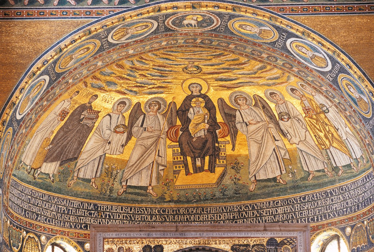 Madonna z Dzieciątkiem między aniołami i świętymi, mozaika w absydzie bazyliki Eufrazjana, Poreč, Istria, Chorwacja, VI w. autorstwa Unbekannt Unbekannt