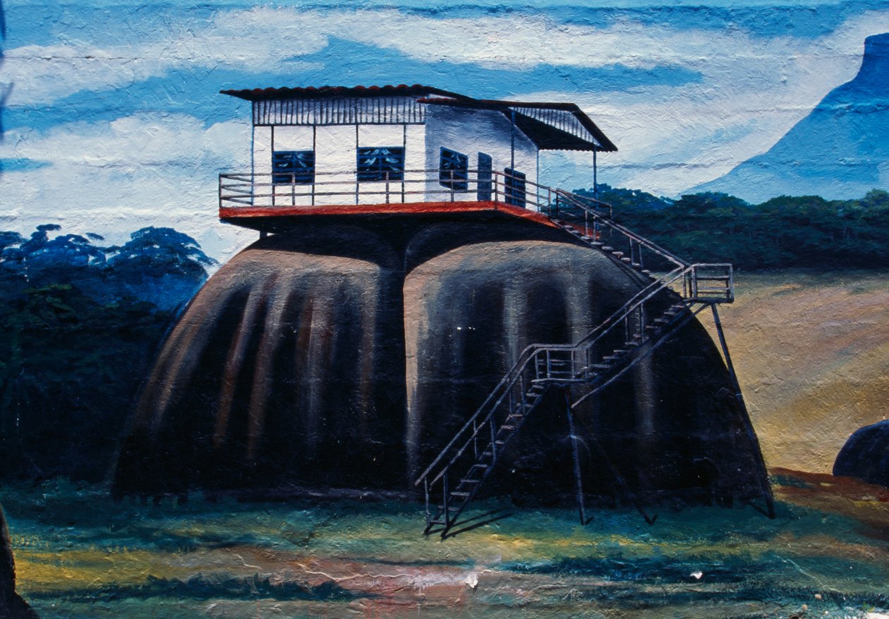 Mural przedstawiający dom leśnych plemion zrekonstruowany w Muzeum Etnologicznym Amazonas Monsignor Enzo Ceccarelli, Puerto Ayacucho, stan Amazonas, Wenezuela autorstwa Unbekannt Unbekannt