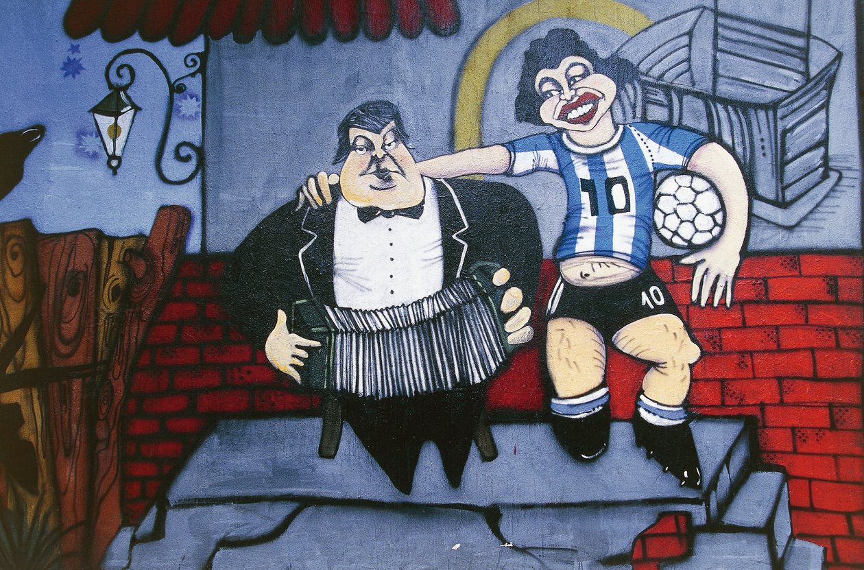 Muzyk Anibal Troilo i piłkarz Diego Maradona, mural na ścianie alei Caminito, La Boca, Buenos Aires, Argentyna autorstwa Unbekannt Unbekannt