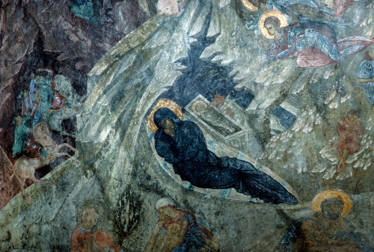 Narodzenia, fresk w klasztorze Panagia Perivleptos, bizantyjskie miasto Mystras (lista światowego dziedzictwa UNESCO autorstwa Unbekannt Unbekannt