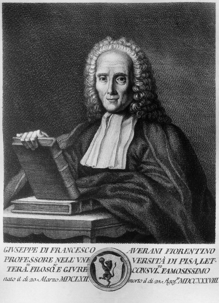 Portret Giuseppe Averaniego, znanego jako Averanus (1662-1738), włoskiego prawnika i przyrodnika, akwaforta z serii portretów wybitnych toskańskich mężczyzn, wydanej przez Allegrini autorstwa Unbekannt Unbekannt