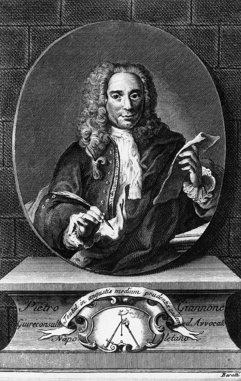 Portret Pietro Giannone (1676-1748), włoskiego filozofa, historyka i prawnika, rycina Antonio Barattiego (1724-1787) z Historii Cywilnej Królestwa Neapolu autorstwa Pietro Giannone, wydanej przez Giambattistę Pasquali autorstwa Unbekannt Unbekannt
