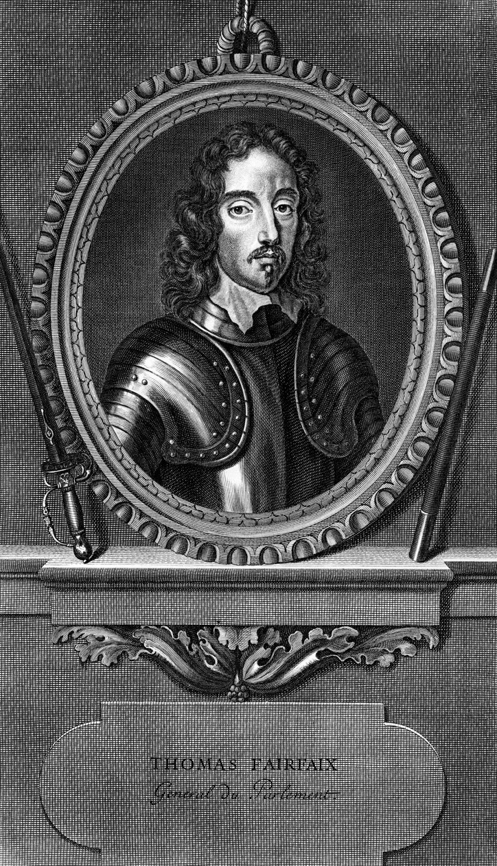 Portret Thomas Fairfax, 3. Lord Fairfax Cameron (1612-1671), angielski generał i parlamentarny dowódca naczelny podczas angielskiej wojny domowej, grawerowanie autorstwa Unbekannt Unbekannt