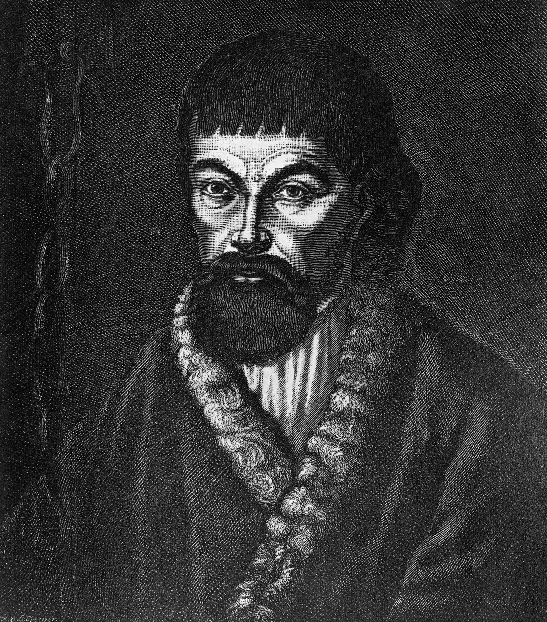 Portret Jemeliana Iwanowicza Pugaczowa (ok. 1742-1775), przywódcy wielkiego buntu kozackiego i chłopskiego w Rosji w latach 1773-1774, rycina wg obrazu olejnego autorstwa Unbekannt Unbekannt