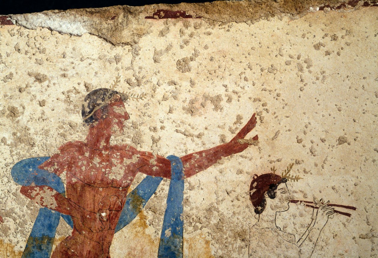 Procesja ze sportowcem, detal, fresk z Grobowca Nurka, Paestum, Kampania, Włochy, Starożytna cywilizacja grecka, Magna Graecia, III wiek p.n.e. (zdjęcie) autorstwa Unbekannt Unbekannt