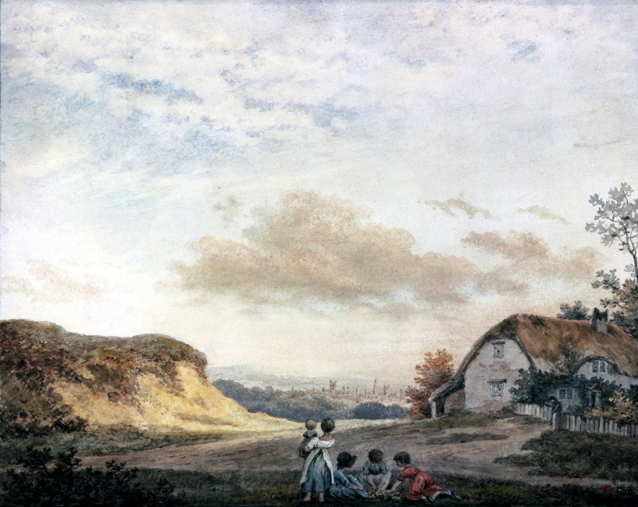 Pejzaż wiejski Łukasza Howarda z dziećmi bawiącymi się przy chacie, ok. 1808-1811 autorstwa Unbekannt Unbekannt