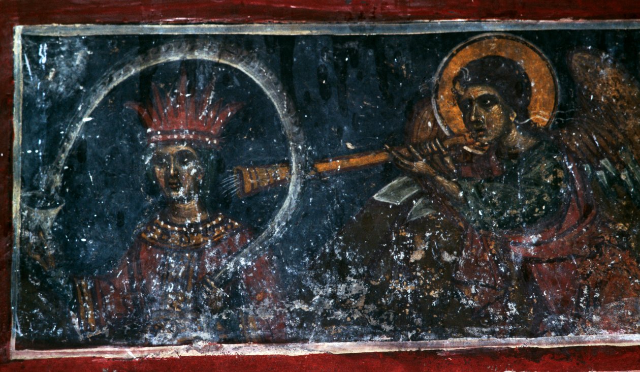 Święty grający na rogu, fresk w kościele Agios Ioannis Prodromos, Margarites, Kreta, Grecja (foto) autorstwa Unbekannt Unbekannt