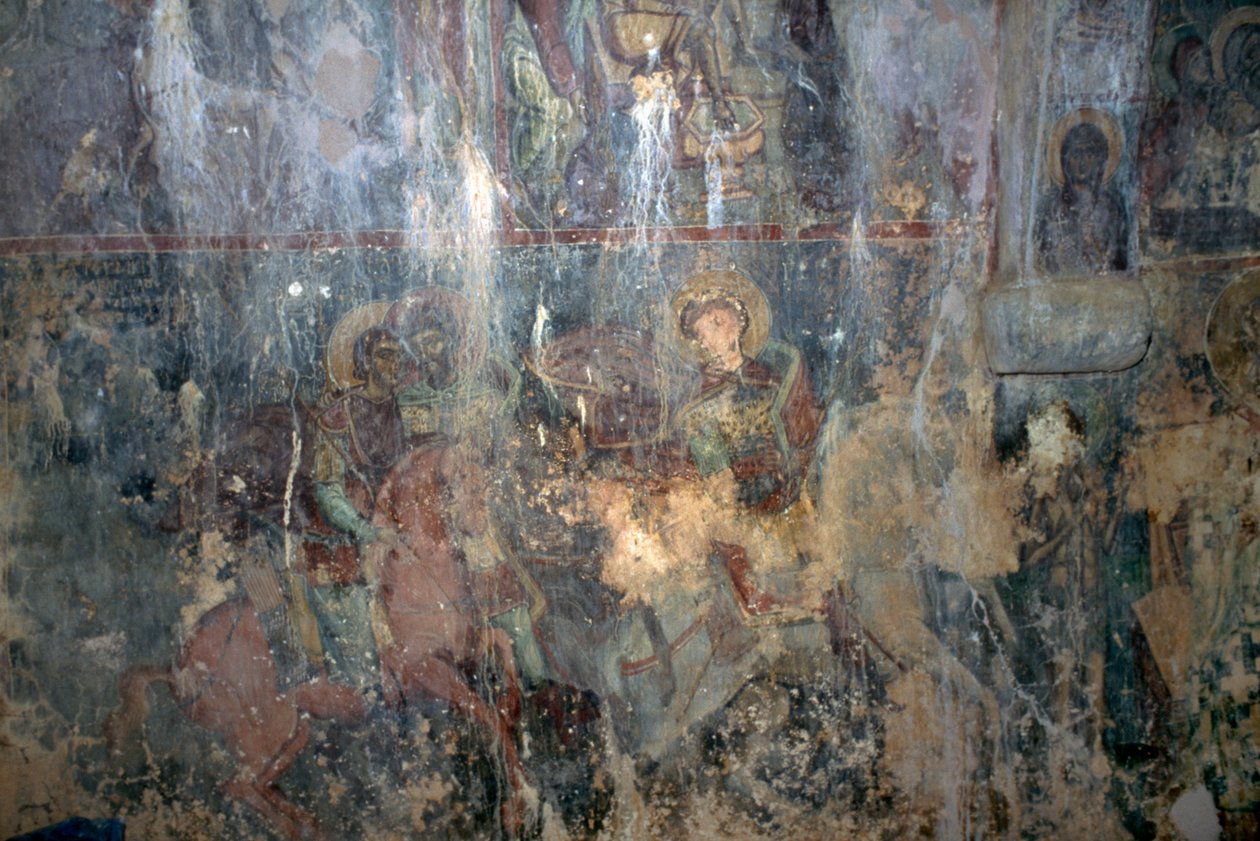 Święci na koniu, fresk w bizantyjskim kościele Agios Athanasios, Kefali, Kreta, Grecja (zdjęcie) autorstwa Unbekannt Unbekannt