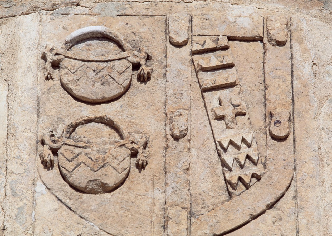 Hiszpania, Kastylia-La Mancha, Wzgórze Św. Krzysztofa, Belmonte, Zamek Belmonte, Detal architektoniczny przedstawiający herb markiza de Villena autorstwa Unbekannt Unbekannt