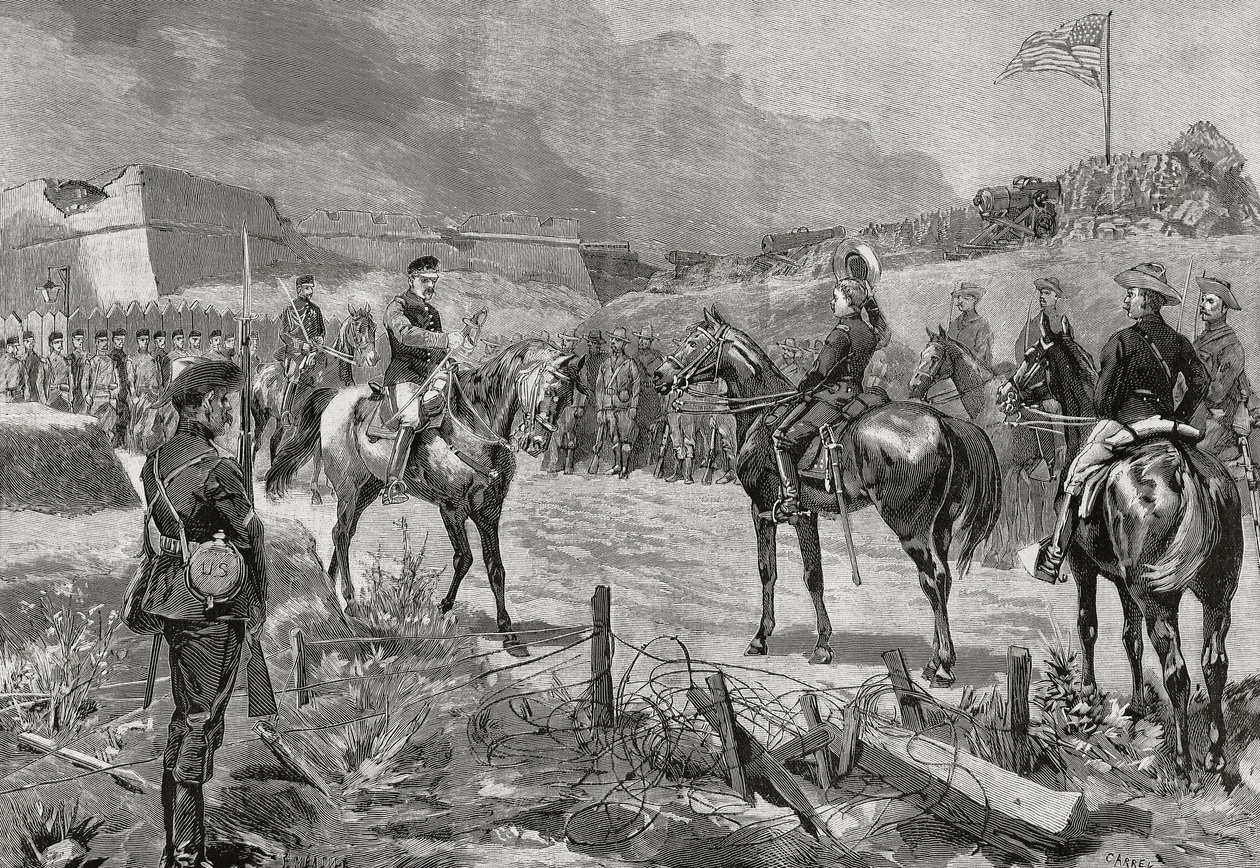 Hiszpański generał Jose Toral y Velazquez poddający się wojskom amerykańskim, Santiago de Cuba, lipiec 1898, wojna hiszpańsko-amerykańska, Kuba autorstwa Unbekannt Unbekannt