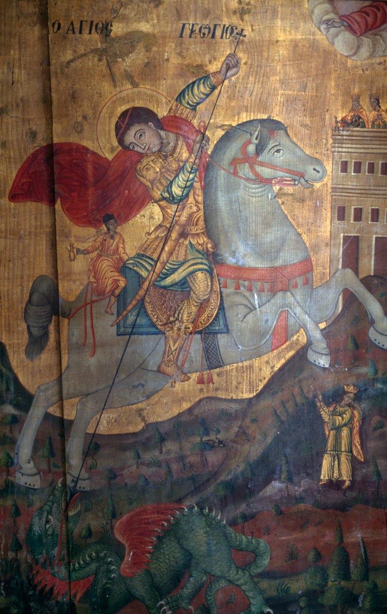 St George and Dragon, fragment drewnianego panelu w kościele Agia Paraskevi, Anisaraki, Kreta, Grecja (zdjęcie) autorstwa Unbekannt Unbekannt