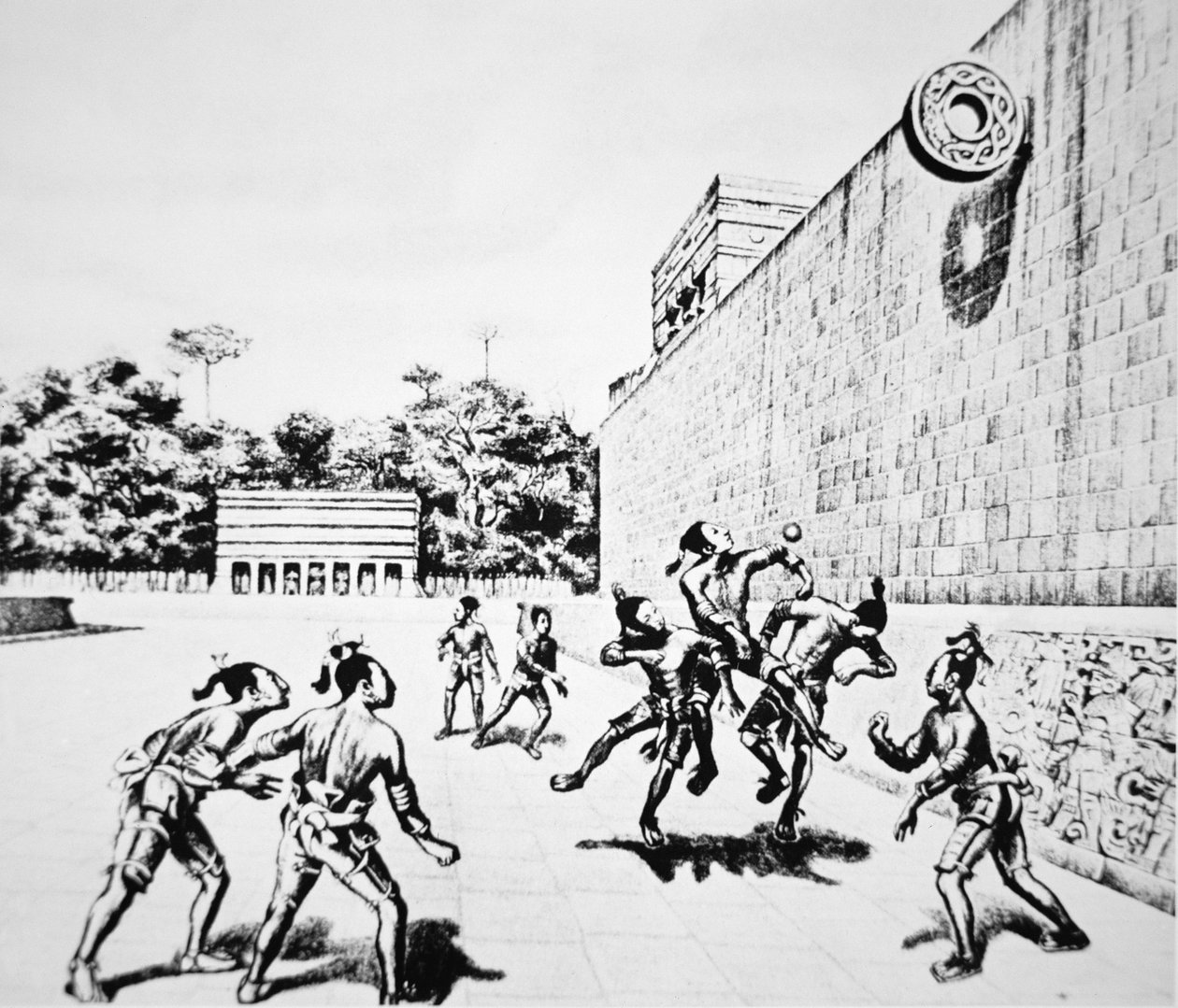 Gra w piłkę „Tlachtli” rozegrana w Chichen Itza (litografia) autorstwa Unbekannt Unbekannt