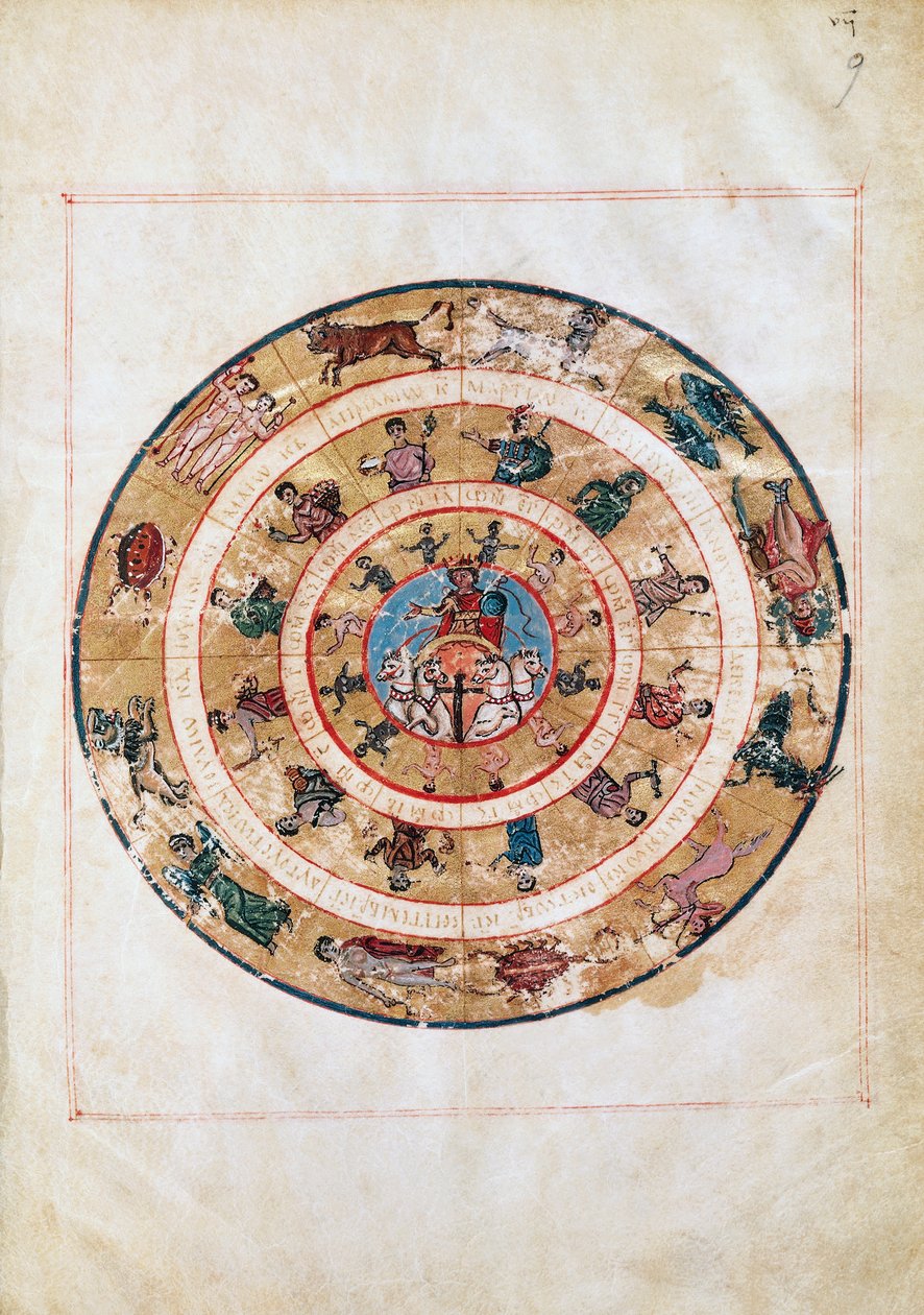 Rydwan słoneczny i znaki zodiaku, miniatura z rękopisu z wczesnego średniowiecza, tablica astronomiczna Ptolemeusza (ok. 100-175), cywilizacja hellenistyczna autorstwa Unbekannt Unbekannt