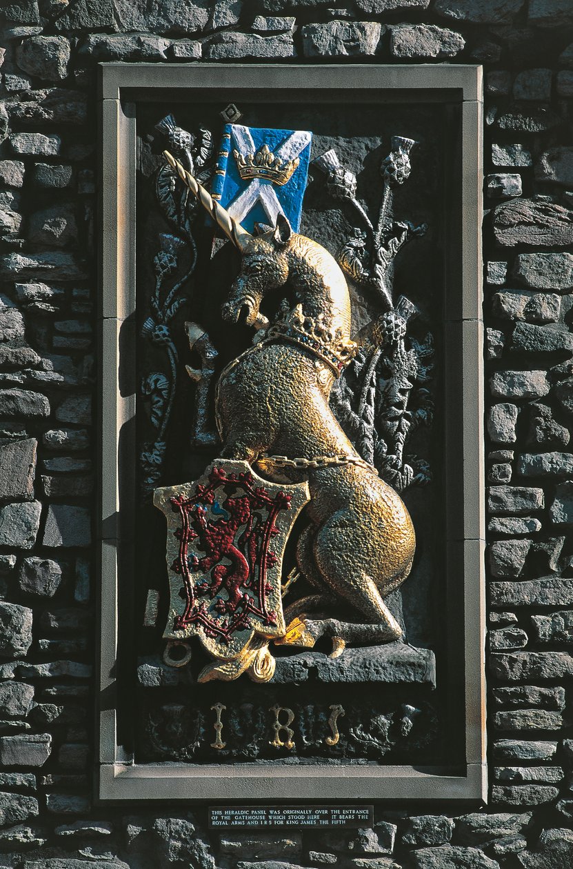 Jednorożec, herb heraldyczny na fasadzie pałacu Holyrood, Edynburg, Szkocja, Wielka Brytania autorstwa Unbekannt Unbekannt