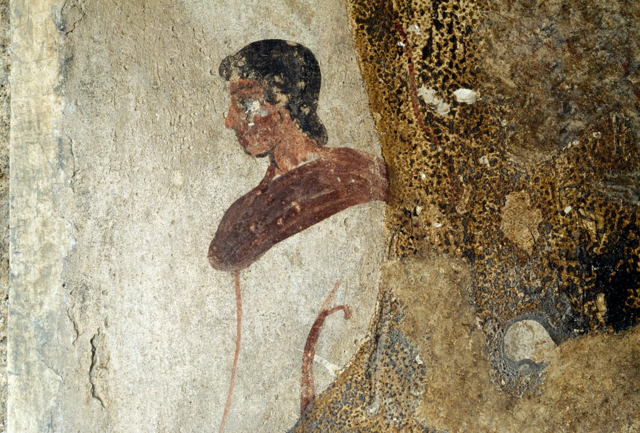 Młody mężczyzna, fragment fresku z Paestum, Kampania, Włochy, starożytna cywilizacja grecka, Magna Graecia (zdjęcie) autorstwa Unbekannt Unbekannt