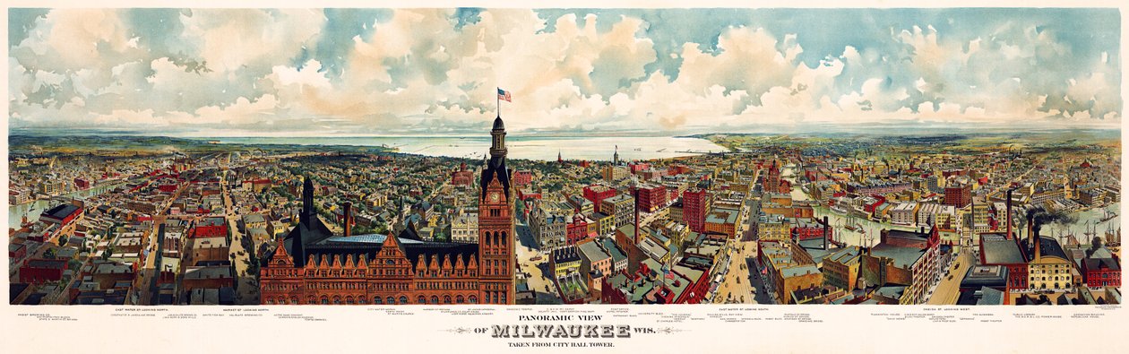 Panoramiczny widok na Milwaukee, Wis. z wieży ratusza / The Gugler Litographic Co autorstwa Library of Congress